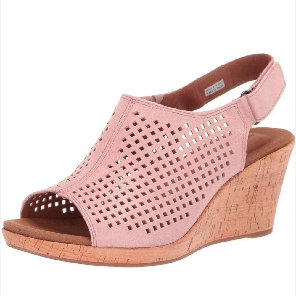 ROCKPORT Briah Perforated Slingback Cork Wedge Leather Sandal Pink Shimmer 9 NEW